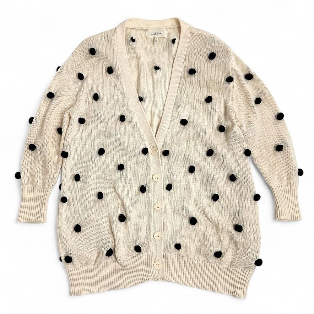 The Great The Bobble Cardigan Cream Black Pom Pom Knit Siz 1/ Small Longline
